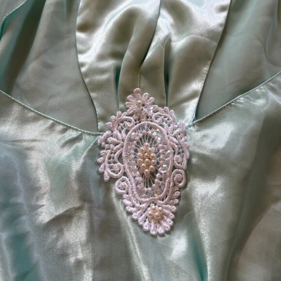 Vintage Jessica Lynn Seafoam Green Slip Dress S | Lace Appliqué | Cottagecore - Picture 9 of 15